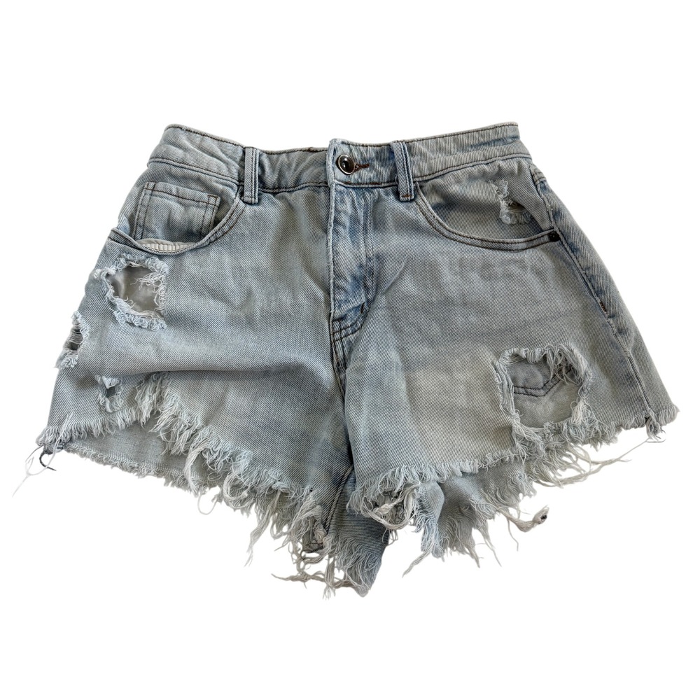 Rewash High Waisted Distressed Denim Shorts Light Wash Frayed Hem Size 1 25